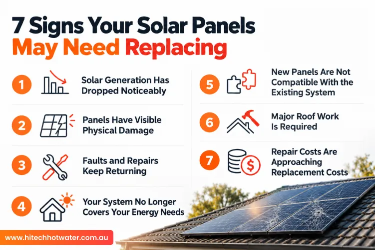 Seven signs solar panels may need replacing, including reduced generation, physical damage and recurring repairs.
