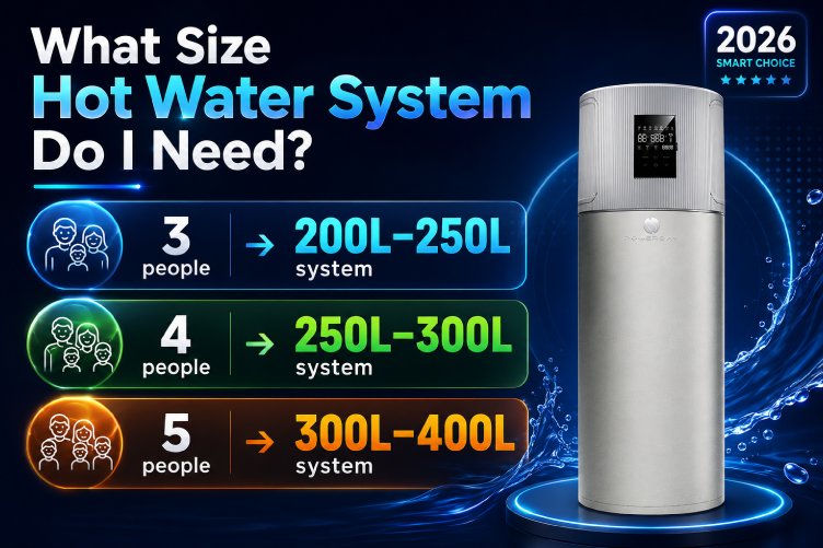 Guide showing recommended hot water system sizes based on family size from 200L to 400L capacity