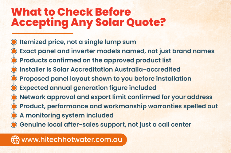 Checklist of key factors to check before accepting a solar quote, including pricing, panel and inverter models, installer accreditation, system layout, generation estimates, warranties and after-sales support.