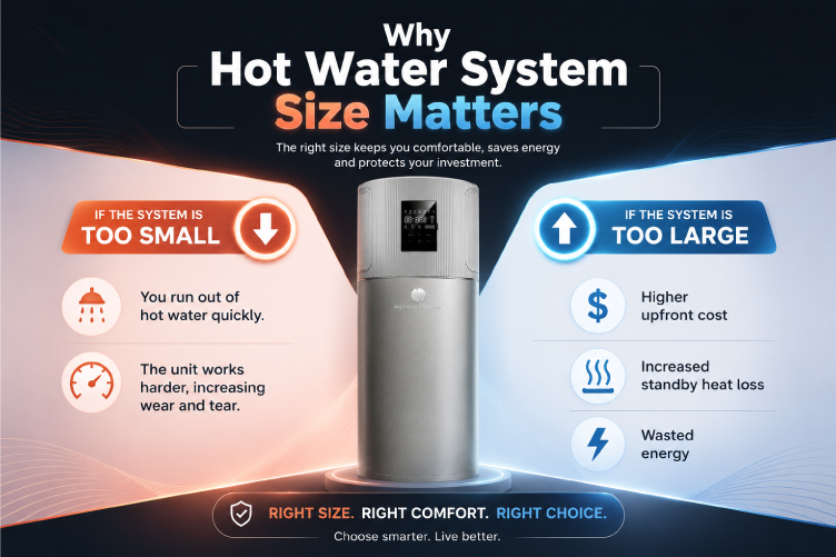 Infographic explaining why choosing the right hot water system size matters for comfort energy savings and efficiency