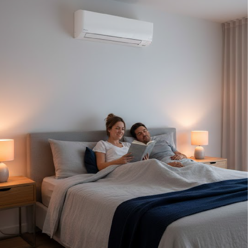 Couple reading together in bed in modern bedroom with wall-mounted air conditioner and bedside lamps
