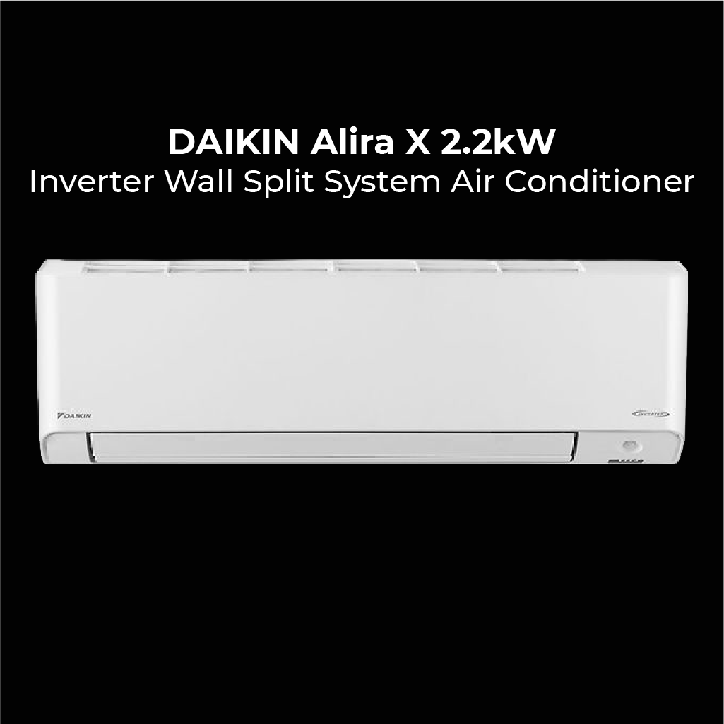 A white Daikin Alira X 2.2kW Inverter Wall Split System Air Conditioner displayed against a black background with descriptive text.