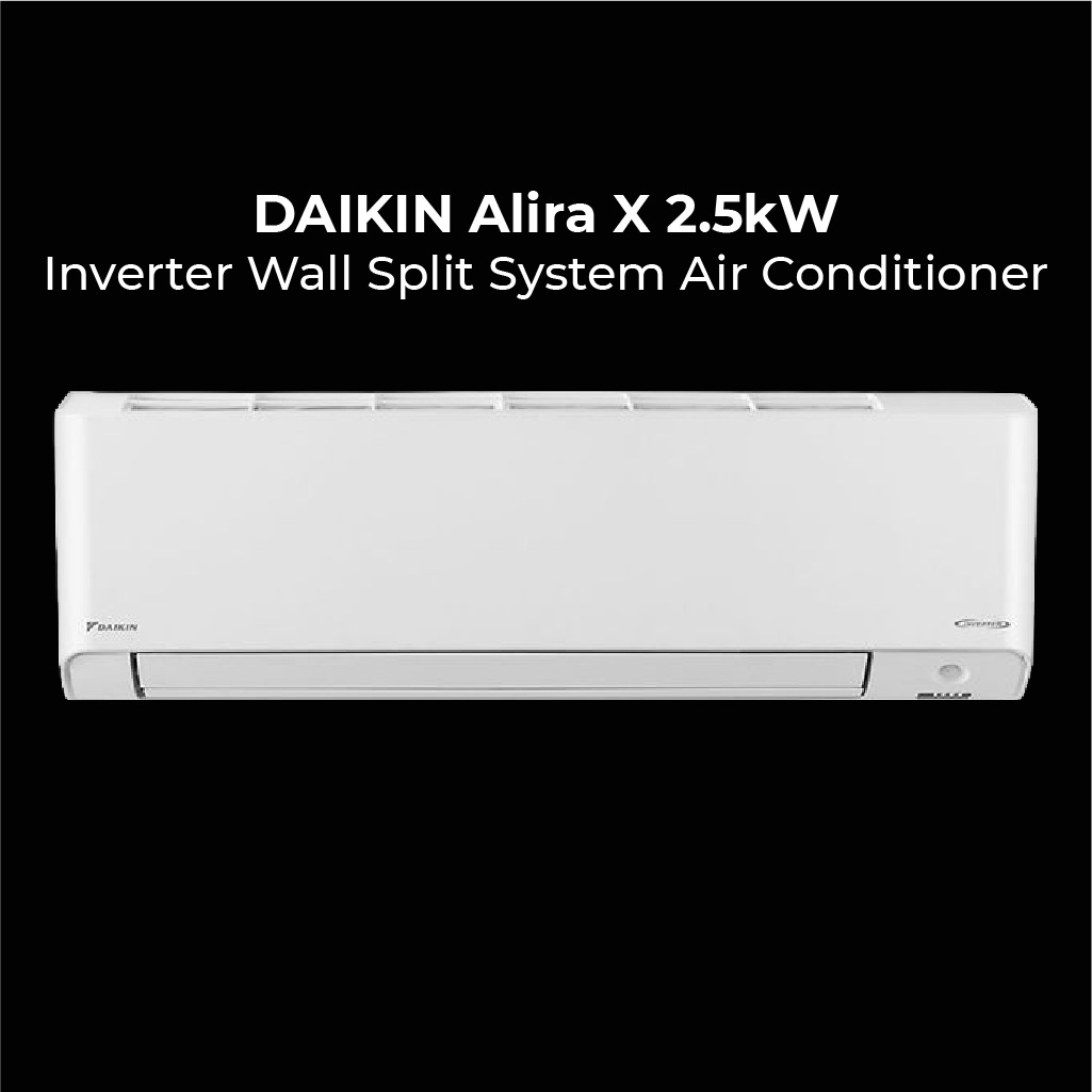 A white Daikin Alira X 2.5kW Inverter Wall Split System Air Conditioner displayed against a black background with descriptive text.