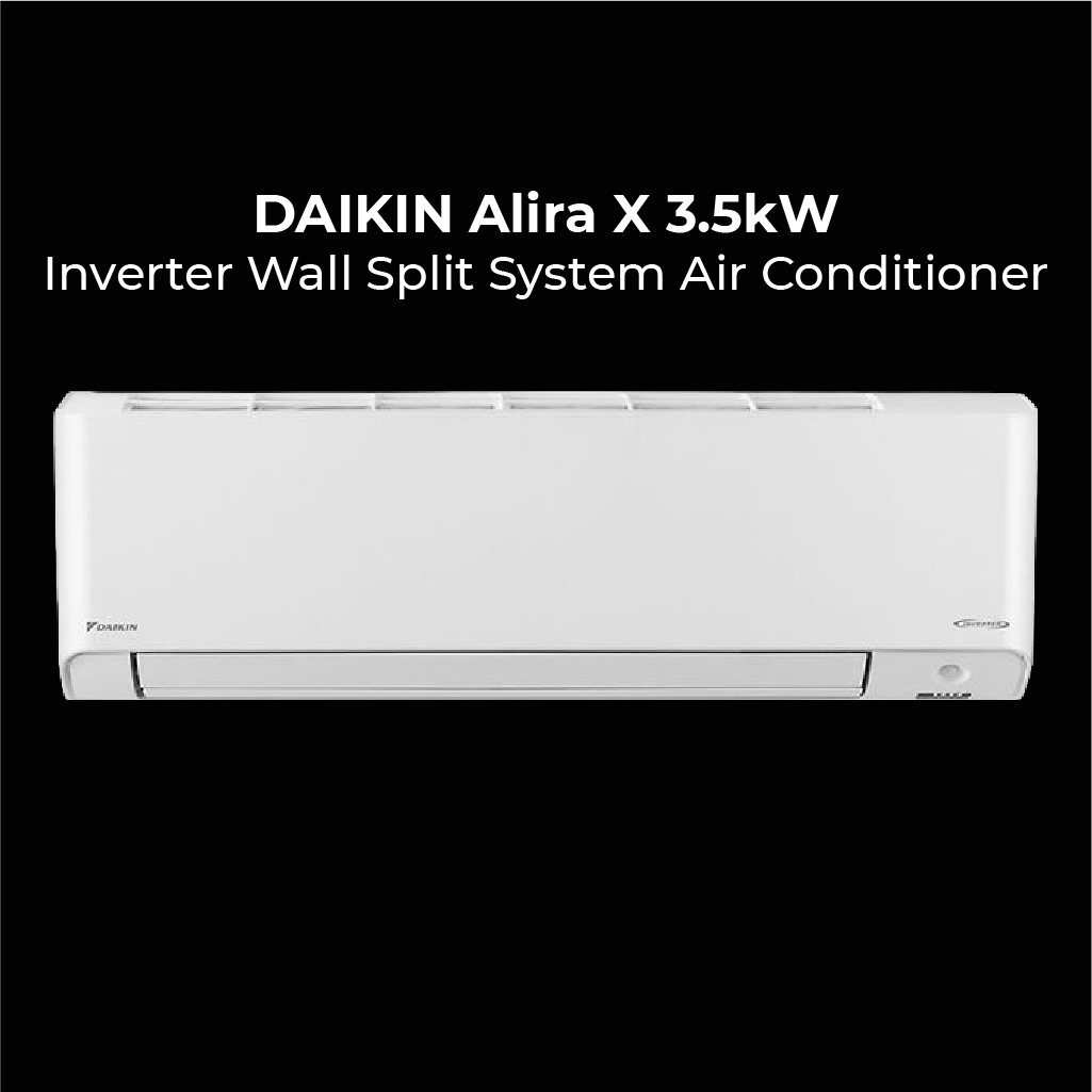 A white Daikin Alira X wall split system air conditioner. The text banner above the product reads DAIKIN Alira X 3.5kW Inverter Wall Split System Air Conditioner.