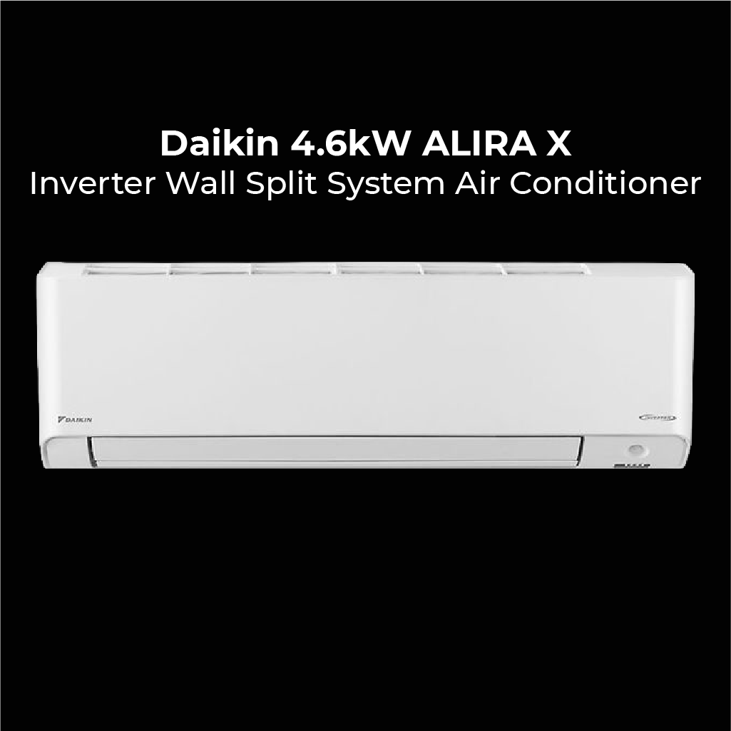 A front view of a white Daikin Alira X Inverter Wall Split System Air Conditioner against a black background. The text above the unit reads Daikin ALIRA X 4.6kW Inverter Wall Split System Air Conditioner.