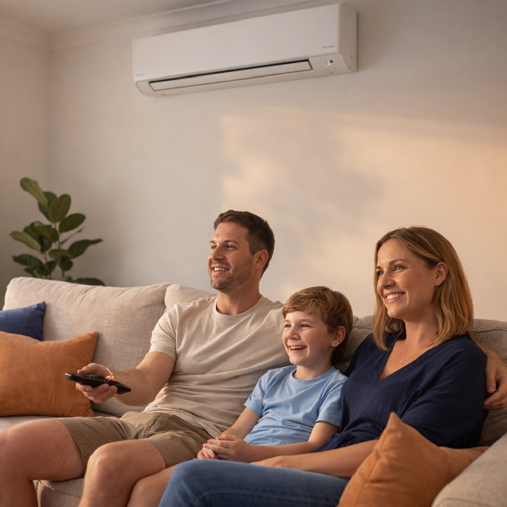 Family relaxing on sofa watching television in well-lit living room with air conditioning unit.