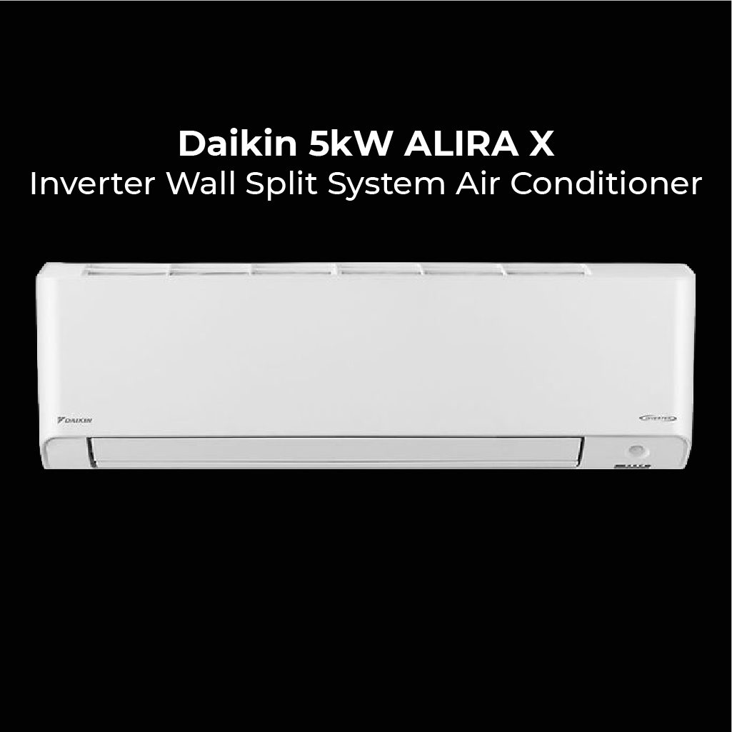 A sleek, white Daikin Alira X wall-mounted air conditioning unit. The header text identifies the model as the Daikin ALIRA X 5kW Inverter Wall Split System Air Conditioner.