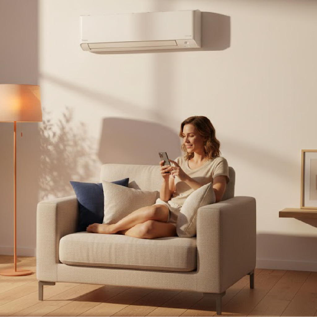 Woman sitting comfortably on beige sofa using smartphone in modern living room with wall-mounted air conditioner.