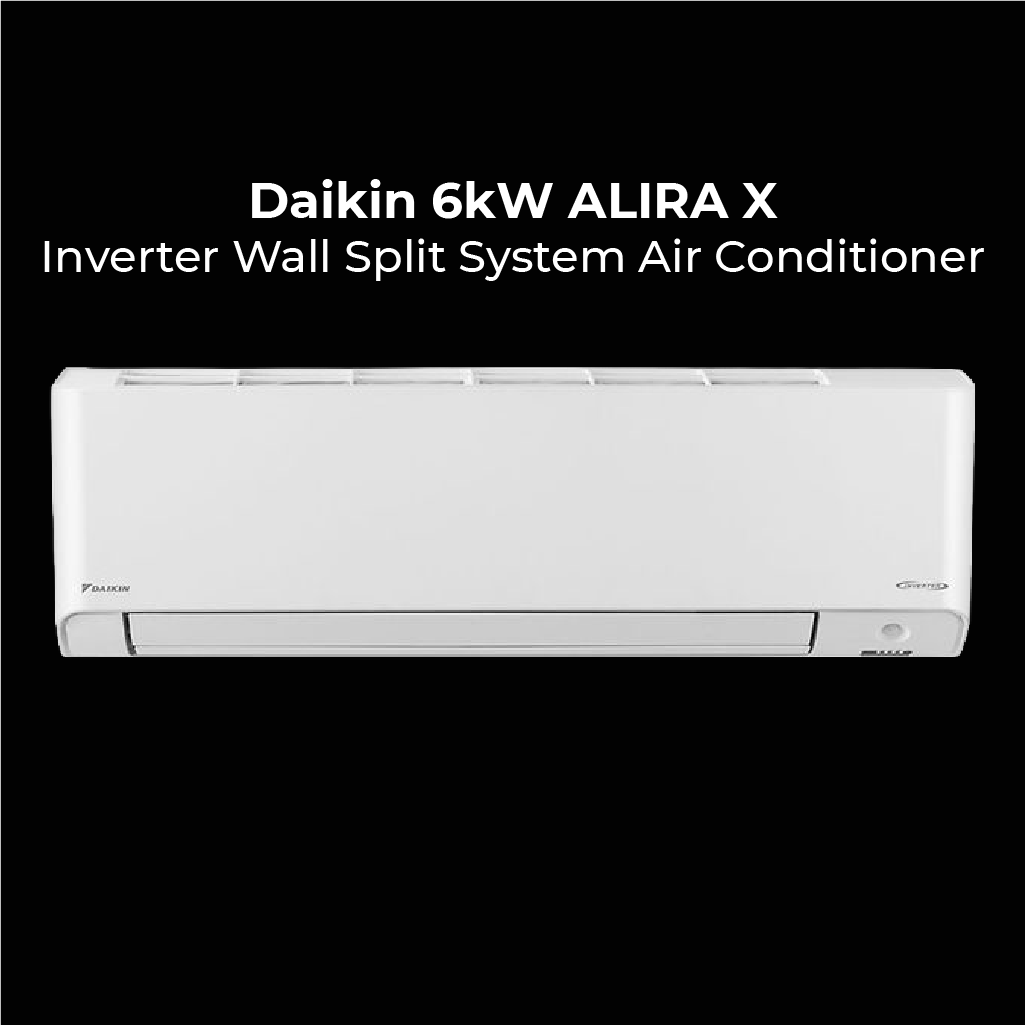 Frontal view of a Daikin Alira X split system air conditioner. The image features white text on a black background reading Daikin ALIRA X 6kW Inverter Wall Split System Air Conditioner.