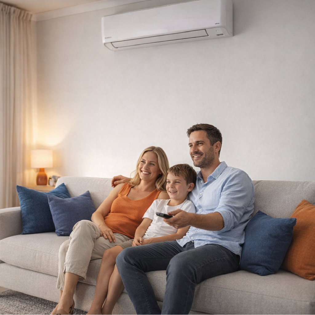 Family of three watching TV together on beige sofa in bright living room with wall-mounted air conditioner.