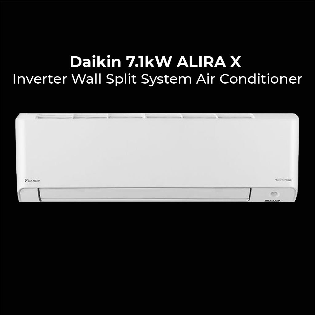 A white Daikin Alira X indoor air conditioning unit. The text centered above the unit specifies the model as the Daikin 7.1kW ALIRA X Inverter Wall Split System Air Conditioner.