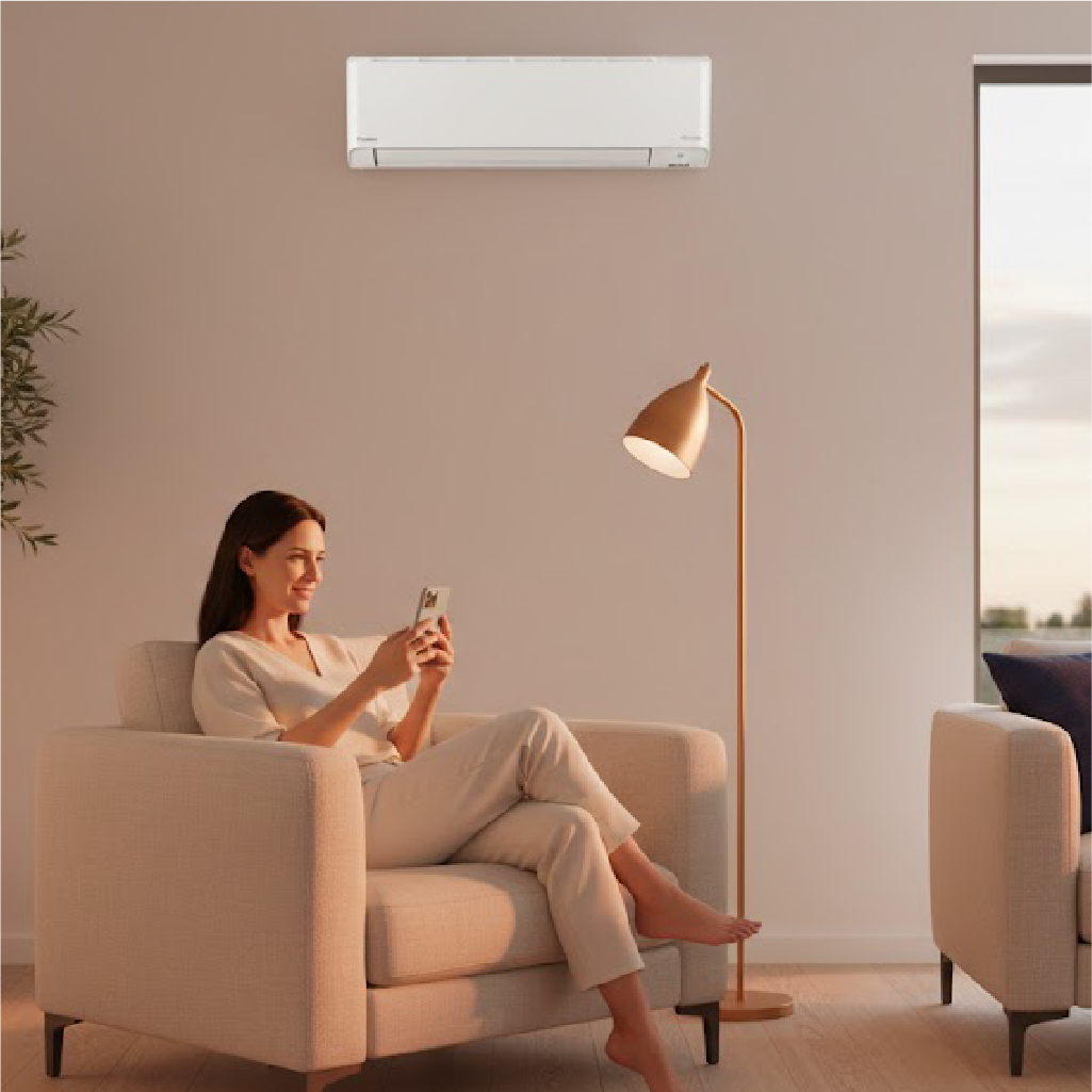 Woman sitting comfortably in beige armchair using smartphone in modern living room with wall-mounted air conditioner.