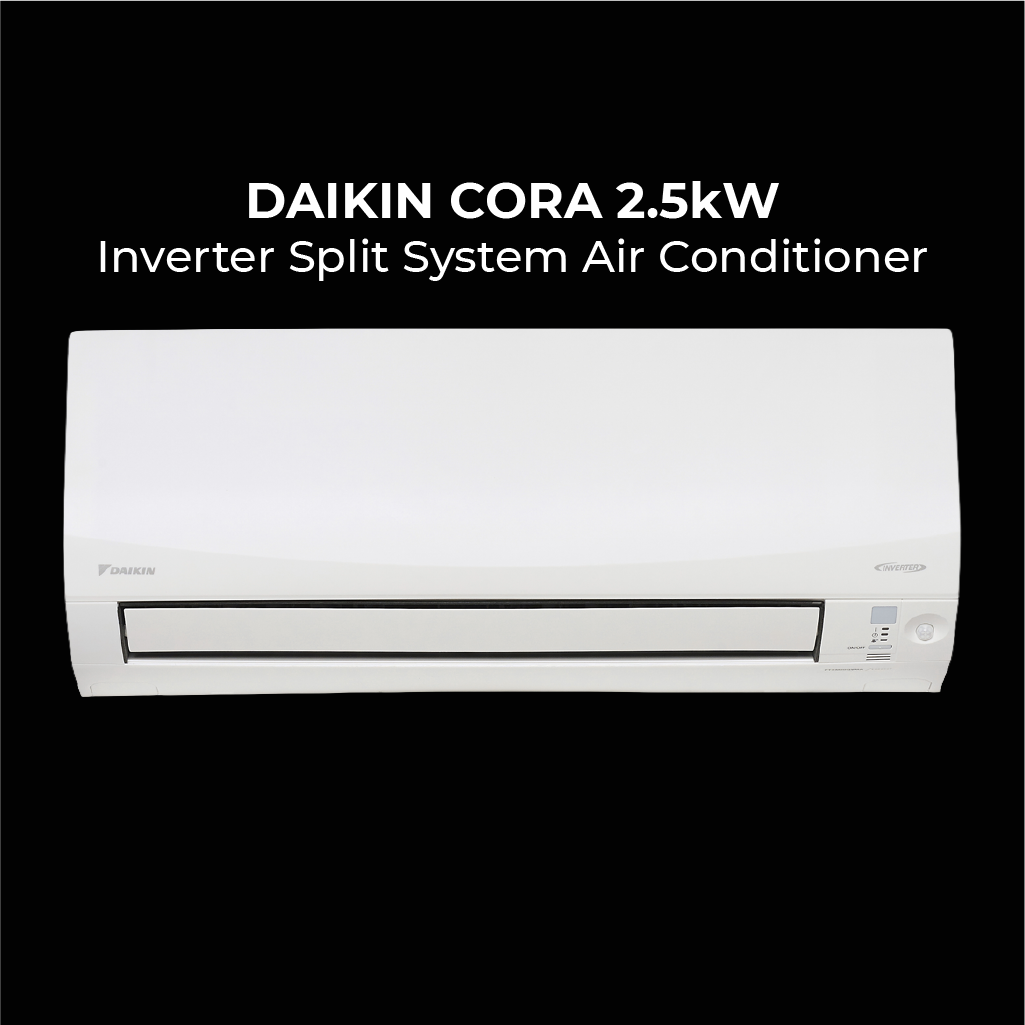: Front view of a white Daikin Cora 2.5kW Inverter Split System Air Conditioner against a black background with bold white product text above the unit.