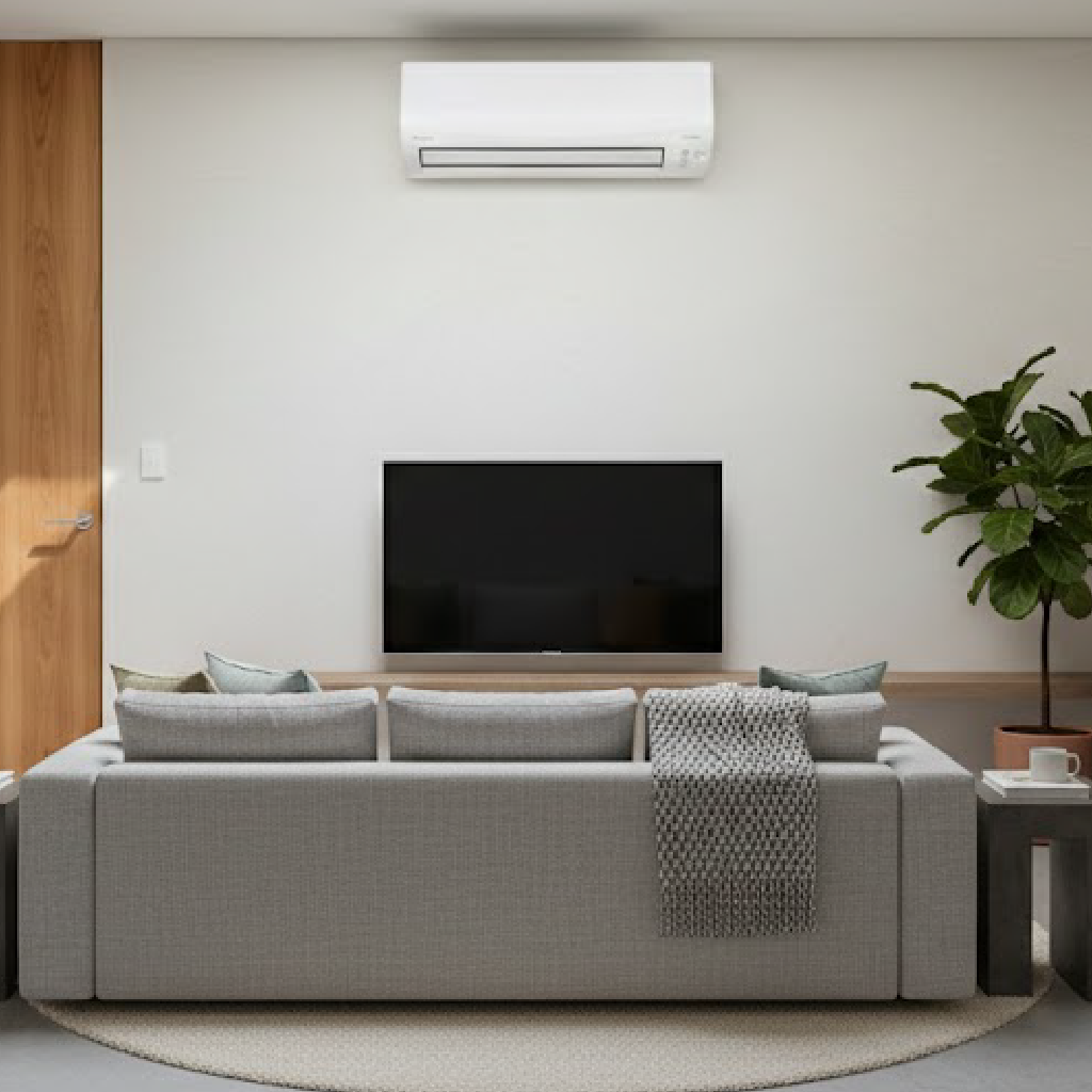 Modern minimalist living room with gray sofa, wall-mounted air conditioner.