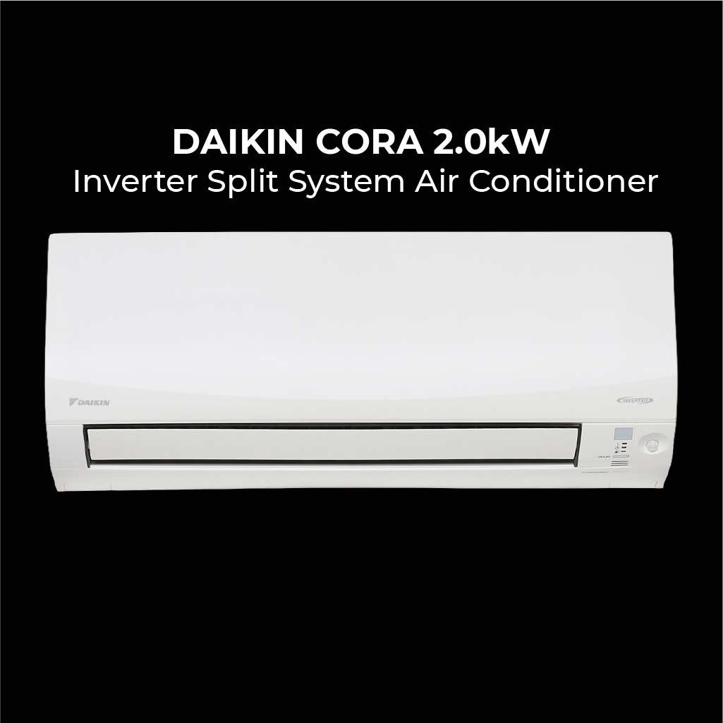 Front view of a white Daikin Cora 2.0kW Inverter Split System Air Conditioner against a black background with bold white product text above the unit.