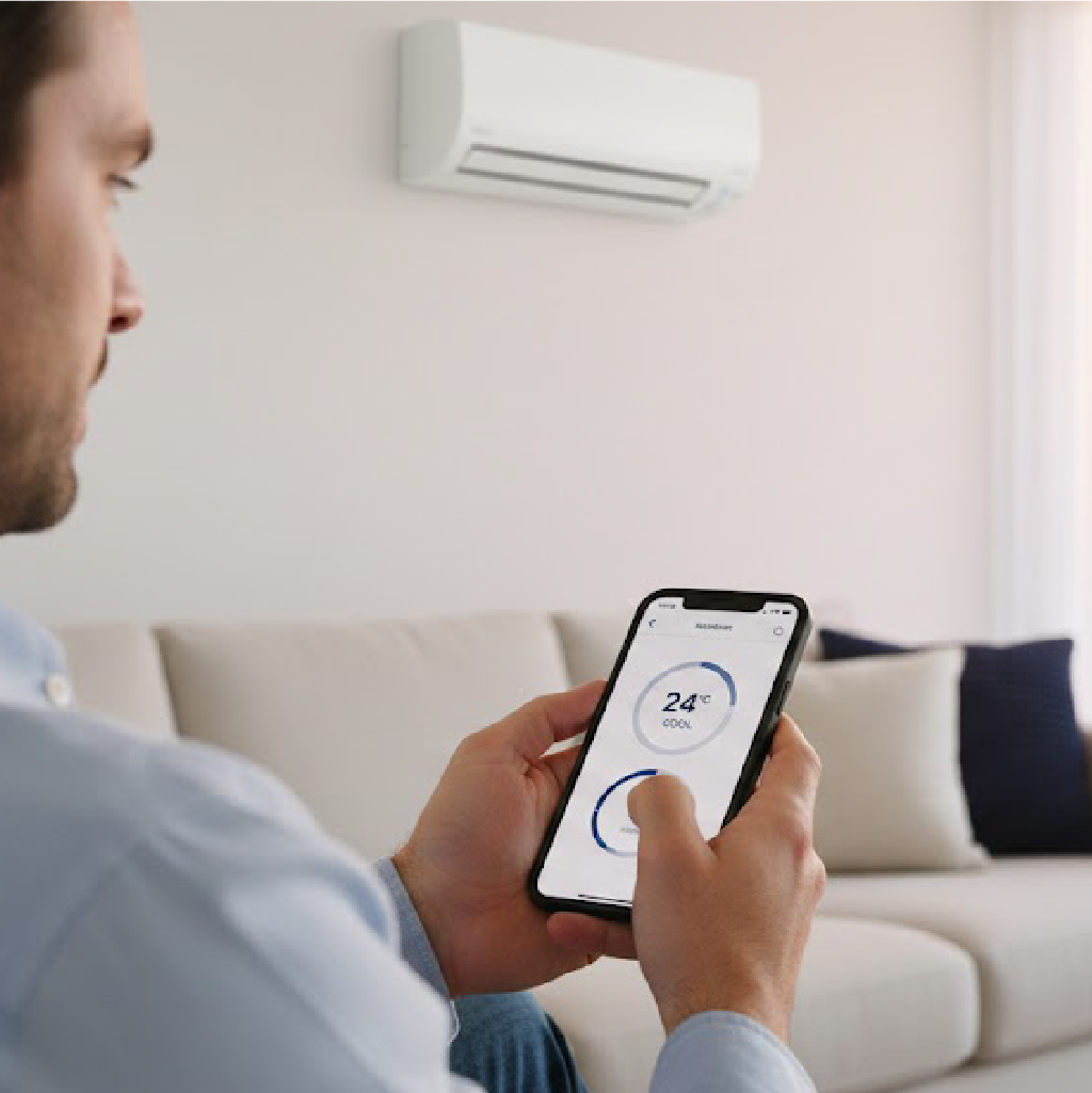 Man sitting on sofa using smartphone app to control wall-mounted air conditioner in modern living room.