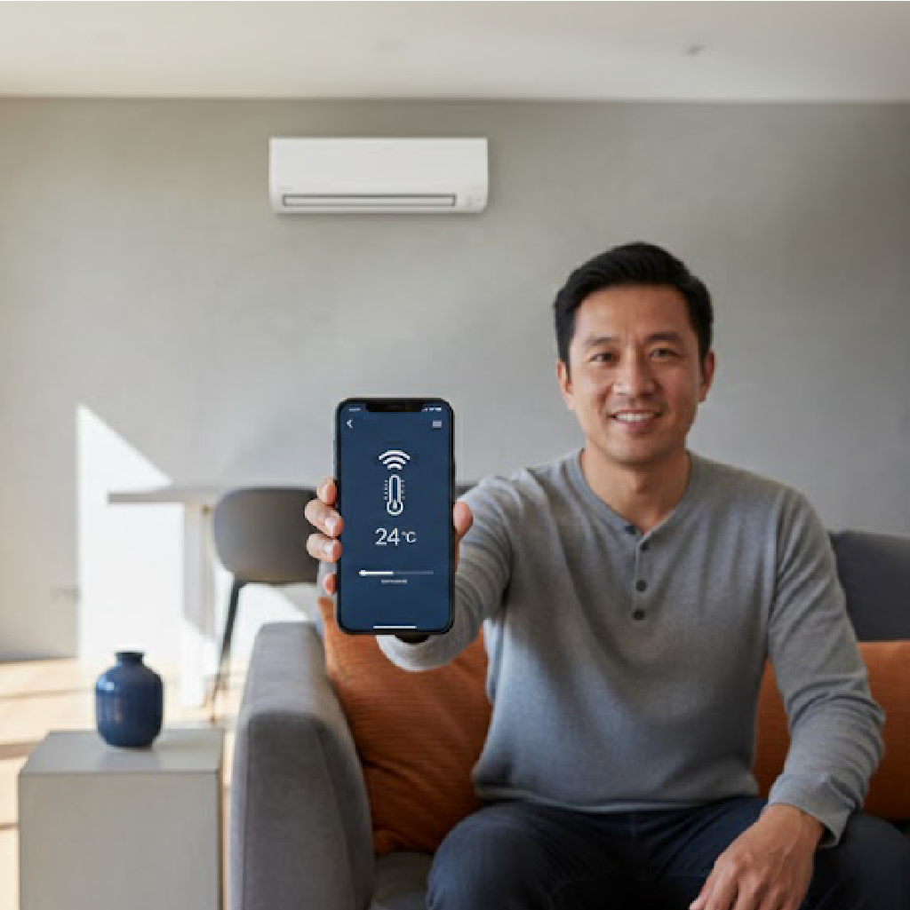 Man sitting on gray sofa holding smartphone displaying air conditioner control app