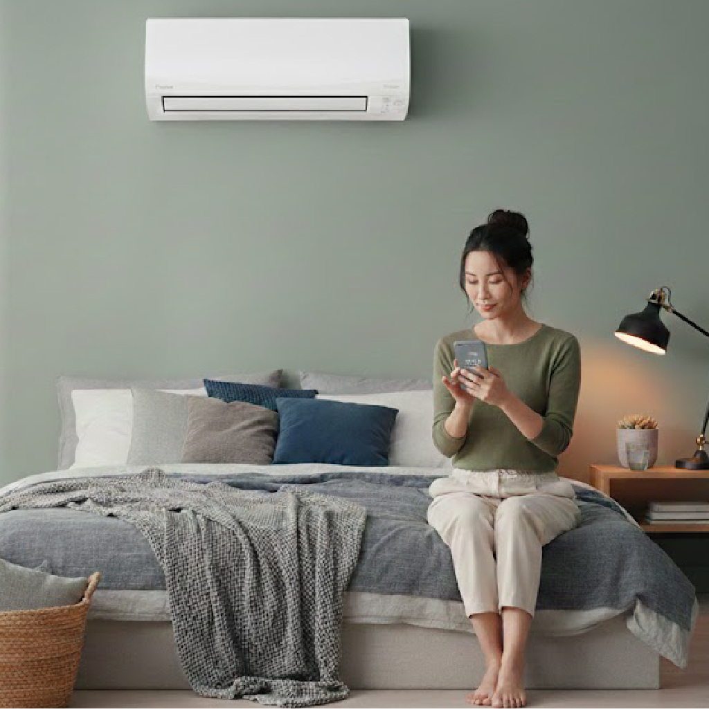 Woman sitting on bed using smartphone in modern bedroom with wall-mounted air conditioner.