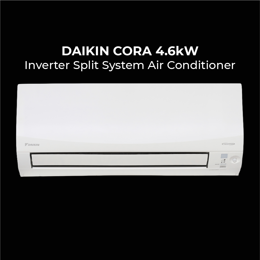 Front view of a white Daikin Cora 4.6kW Inverter Split System Air Conditioner against a black background with bold white product text above the unit.