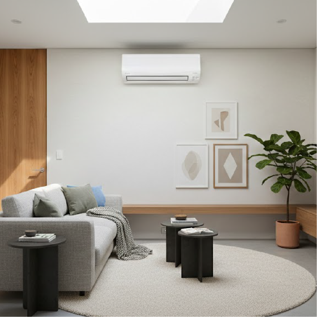 Modern living room with gray sofa, wall-mounted air conditioner.