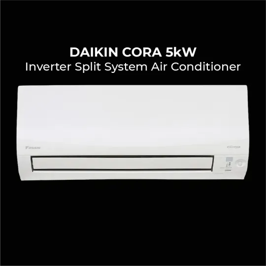 Front view of a white Daikin Cora 5kW Inverter Split System Air Conditioner against a black background with bold white product text above the unit.