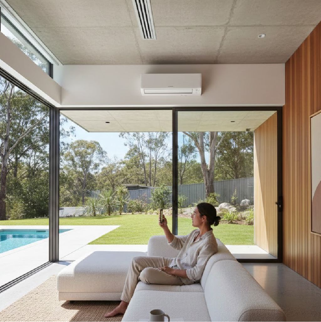 Woman sitting on white sofa using smartphone in modern living room with wall-mounted air conditioner