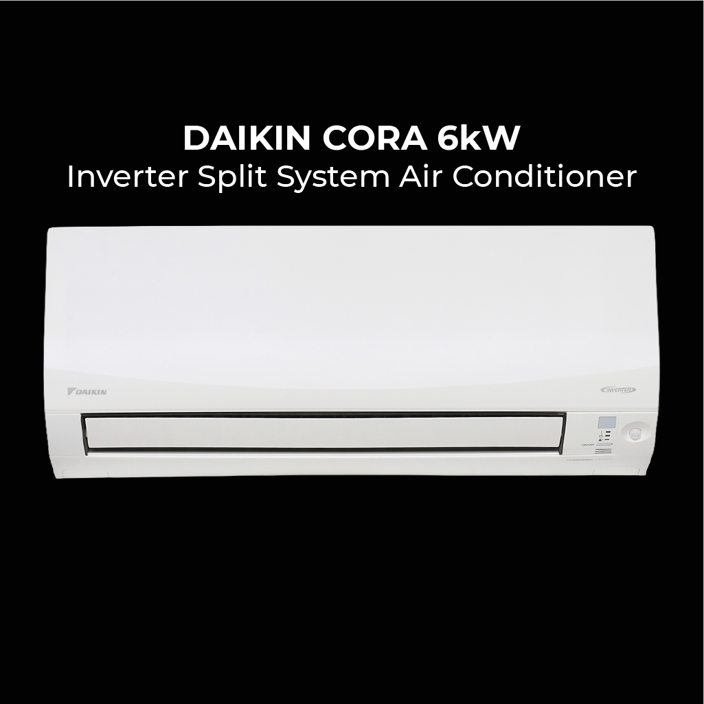Front view of a white Daikin Cora 6kW Inverter Split System Air Conditioner against a black background with bold white product text above the unit.