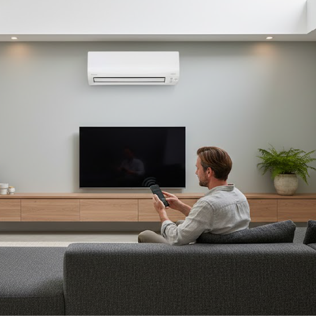 Person relaxing in contemporary living room with air conditioning.