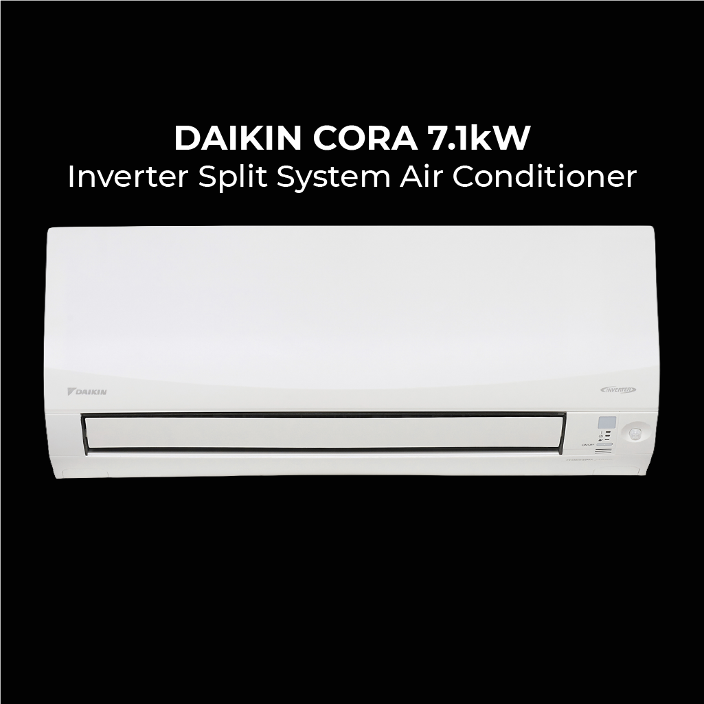 Front view of a white Daikin Cora 7.1kW Inverter Split System Air Conditioner against a black background with bold white product text above the unit.
