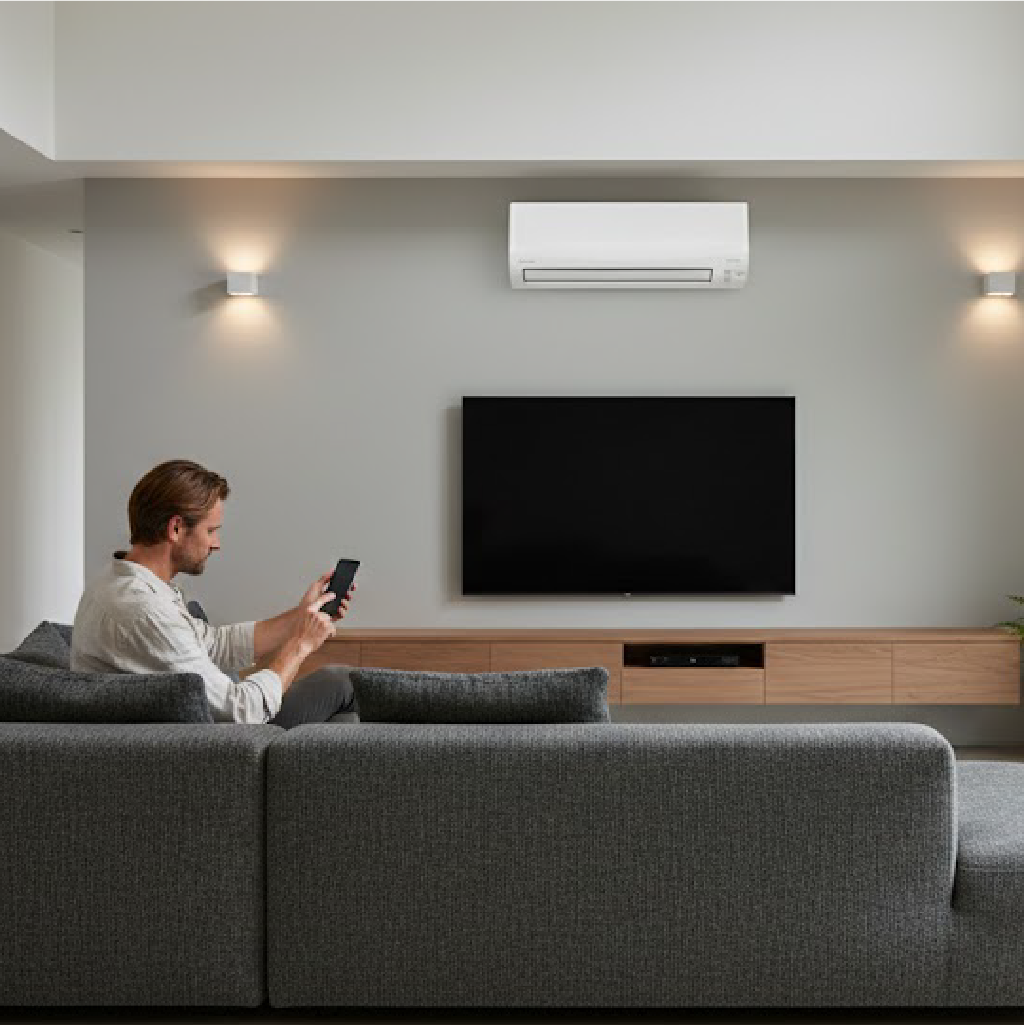 Man sitting on gray sectional sofa using smartphone to control wall-mounted air conditioner.