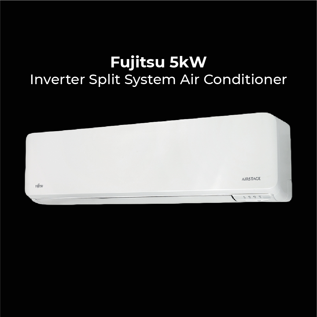 Fujitsu 5kW Inverter Split System Air Conditioner from the range. Features a sleek, white indoor wall-mounted unit against a solid black background.