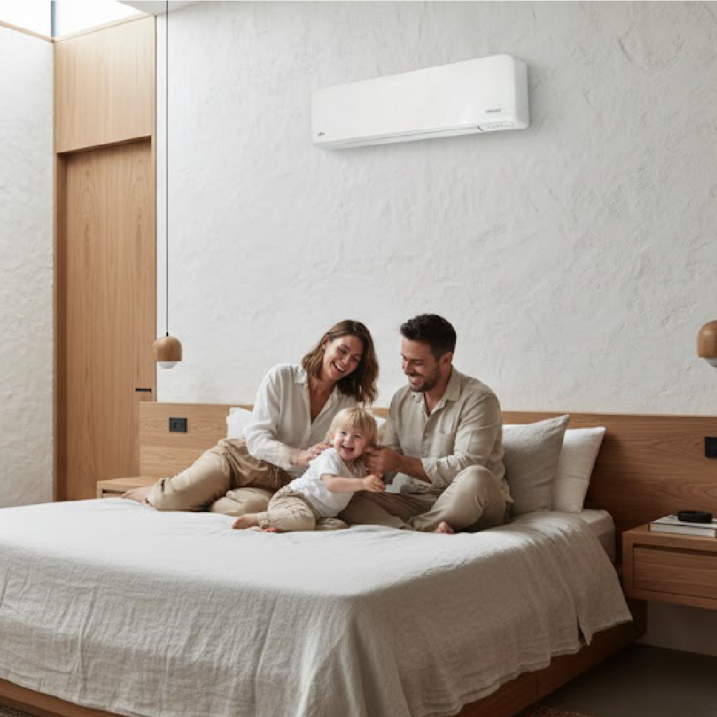 A happy family sitting on a bed in a bright, modern bedroom with a wall-mounted air conditioner.