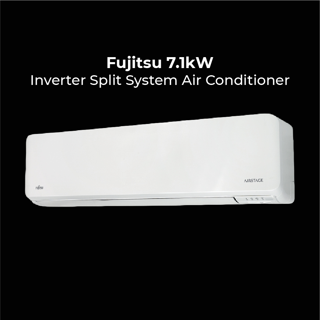 Fujitsu 7.1kW Inverter Split System Air Conditioner. The image shows the white wall-mounted unit with the Fujitsu logo on the left and status lights.