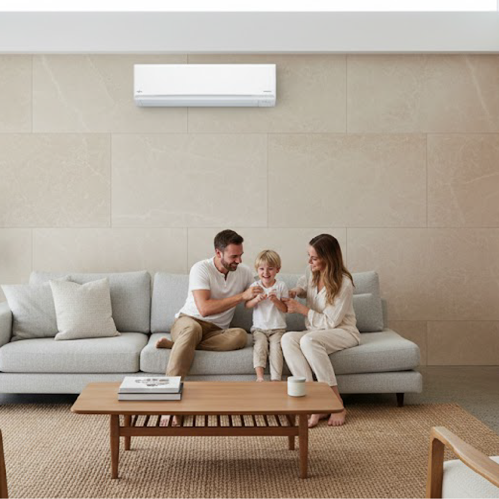 A family sitting on a sofa in a modern living room with a wall mounted air conditioner.