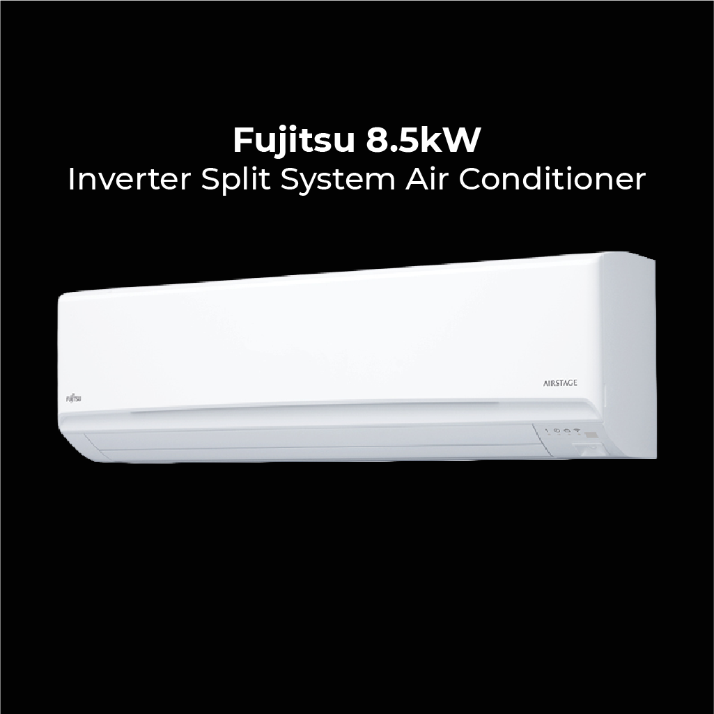 Fujitsu 8.5kW Inverter Split System Air Conditioner. Large capacity indoor unit in white, featuring a streamlined chassis for powerful home cooling.