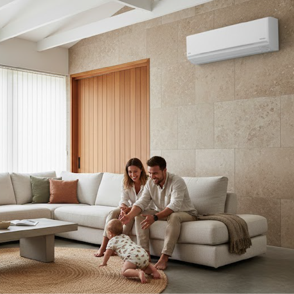 A family playing with their baby on a sofa in a modern living room with a wall mounted air conditioner.