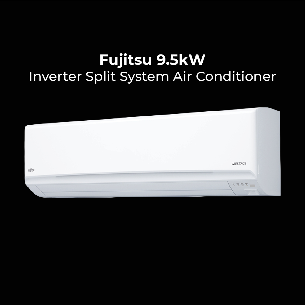 Fujitsu 9.5kW Inverter Split System Air Conditioner. High-output wall unit in white, designed for large open-plan spaces with a clean, modern finish.