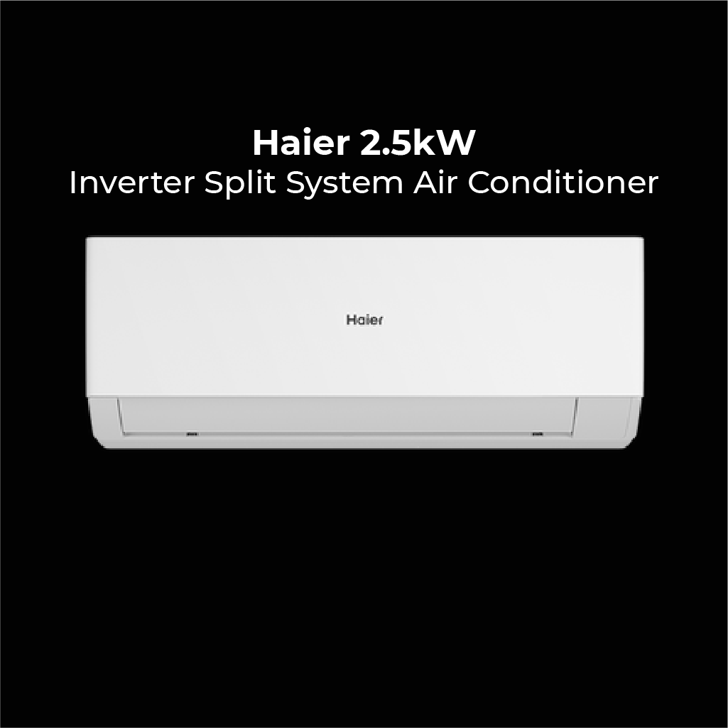 Haier 3.5kW Inverter Split System Air Conditioner. A sleek, white wall-mounted indoor unit centered on a black background with bold white text above.