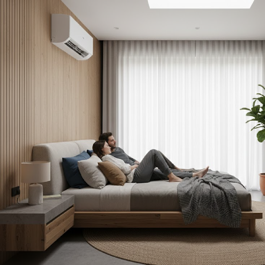 Couple relaxing on bed in modern minimalist bedroom under the ac with wood panelling.