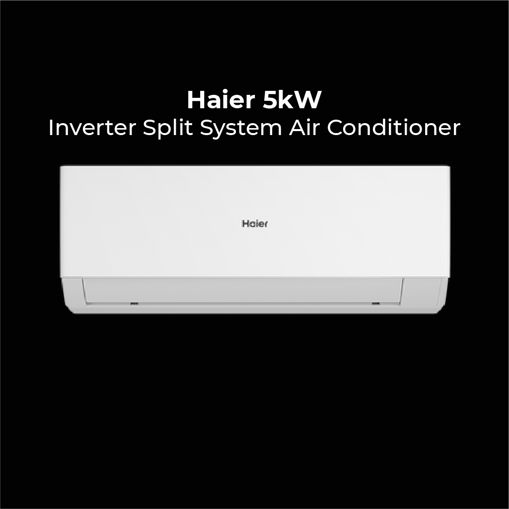 Haier 5kW Inverter Split System Air Conditioner. A sleek, white wall-mounted indoor unit centered on a black background with bold white text above.