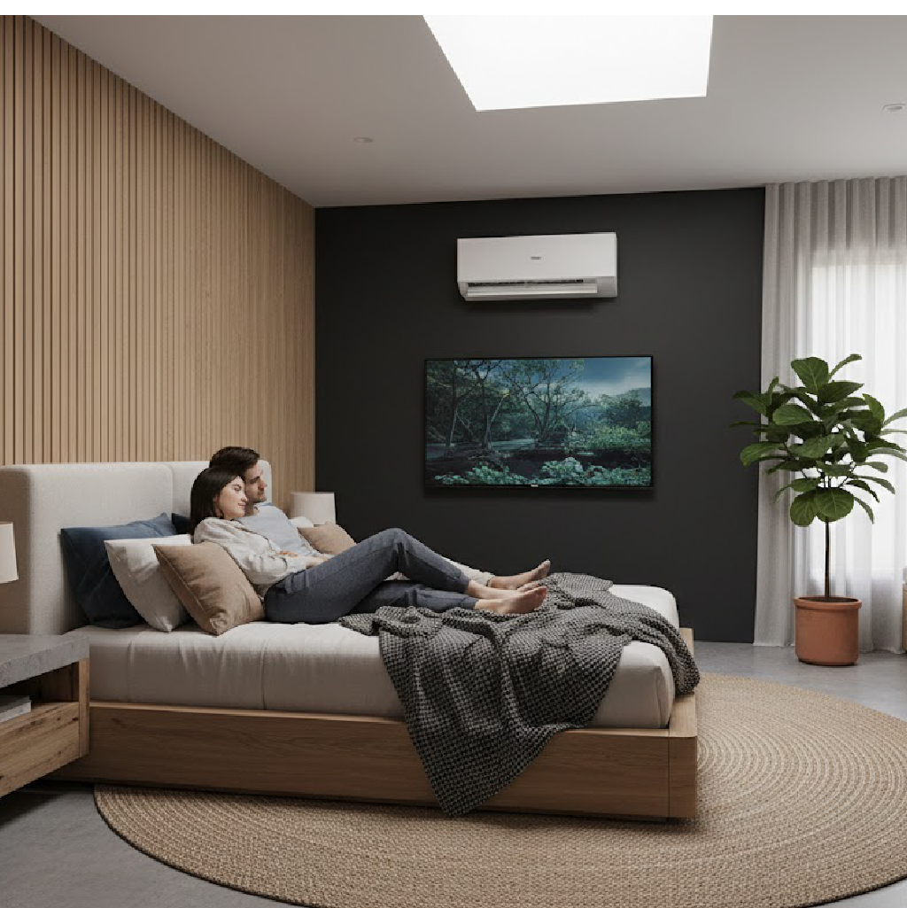 Couple relaxing on wooden platform bed in modern bedroom with dark accent wall, wall-mounted TV, white AC unit.