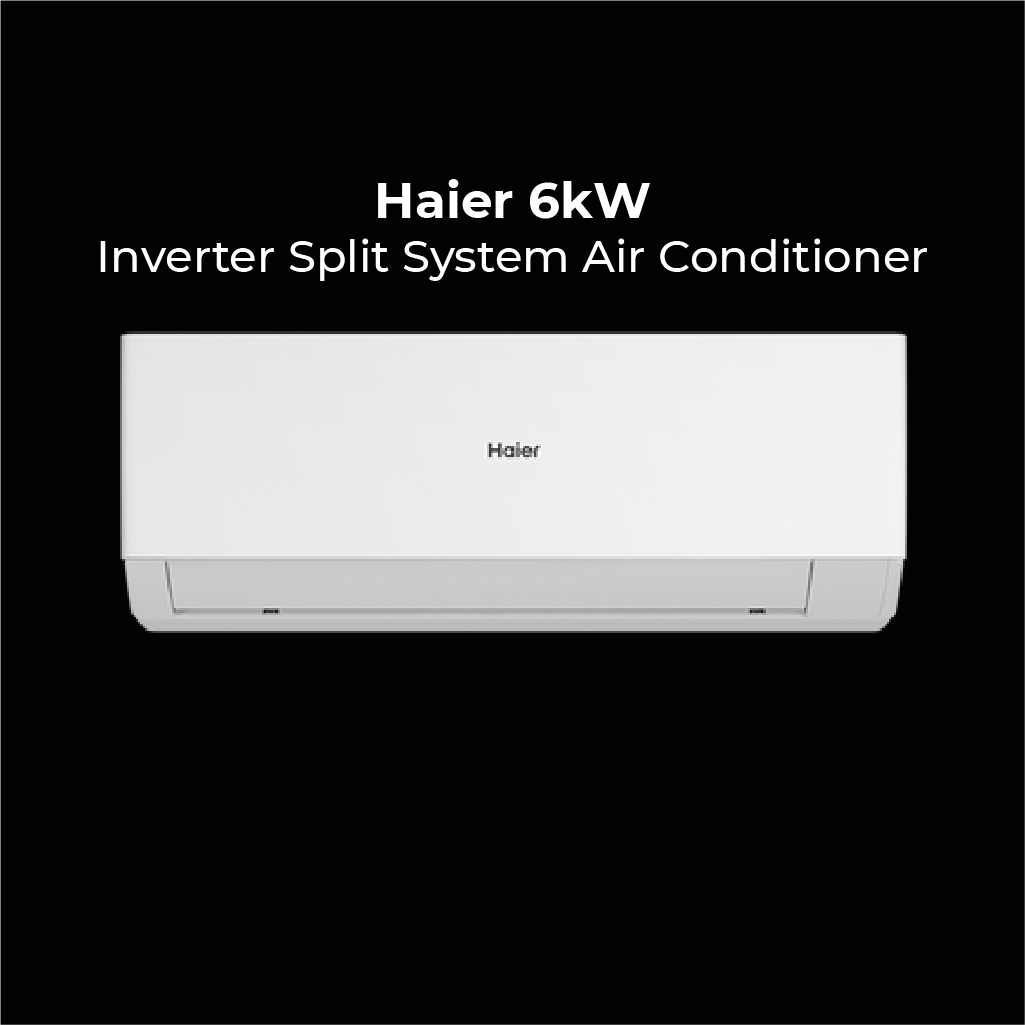 Haier 6kW Inverter Split System Air Conditioner. A sleek, white wall-mounted indoor unit centered on a black background with bold white text above.