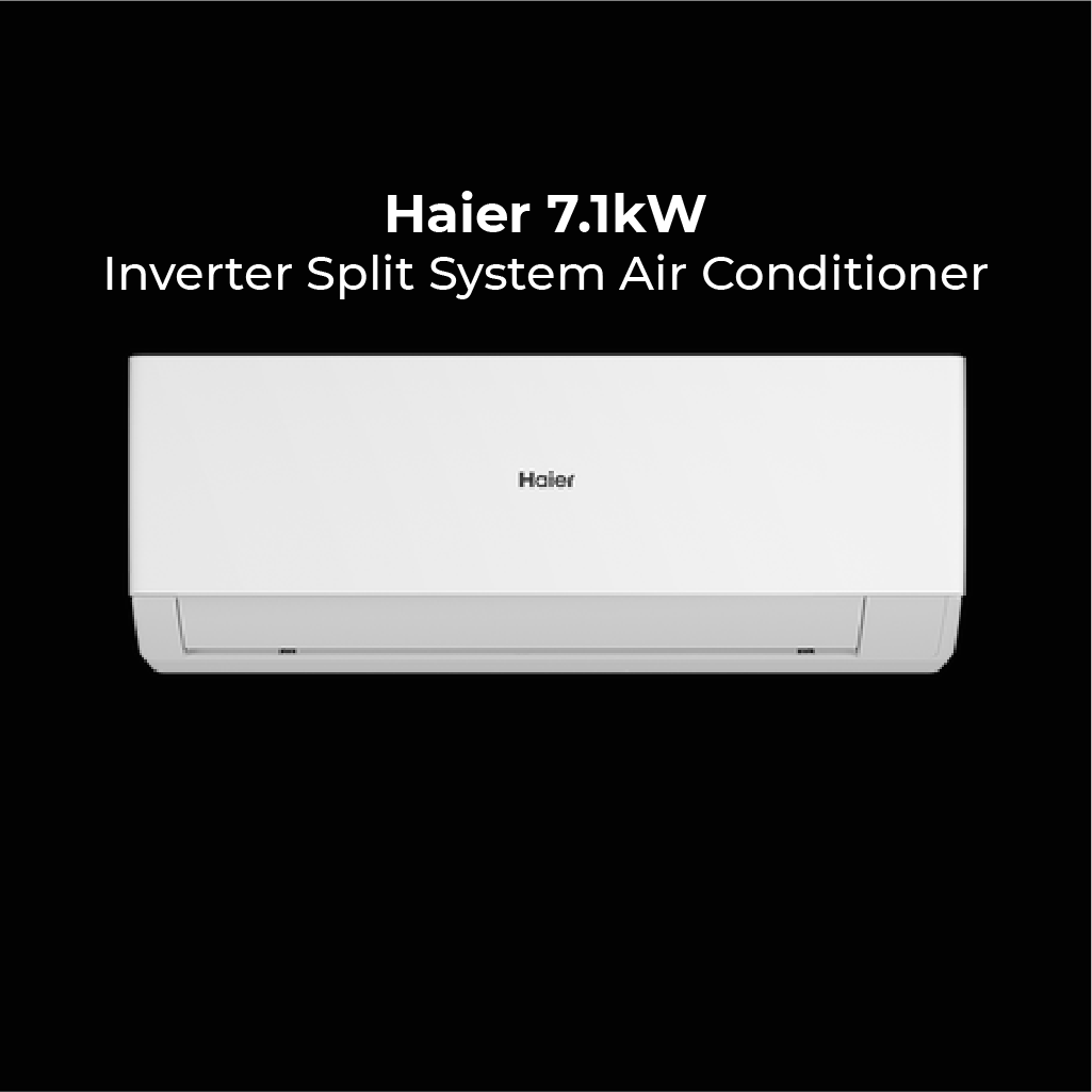 Haier 7.1kW Inverter Split System Air Conditioner. A sleek, white wall-mounted indoor unit centered on a black background with bold white text above.