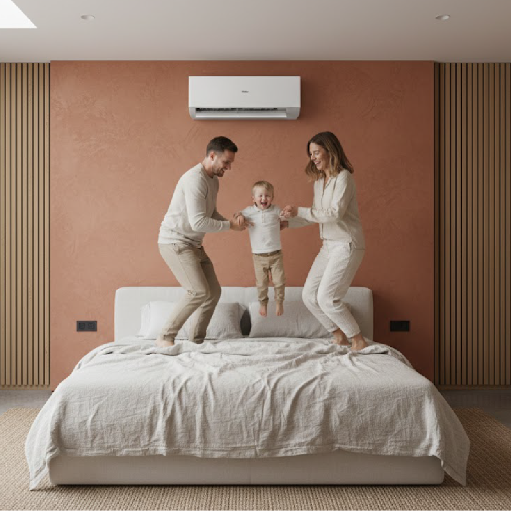 Parents playing with young child on platform bed in contemporary bedroom featuring coral-colored wall air conditioning system.