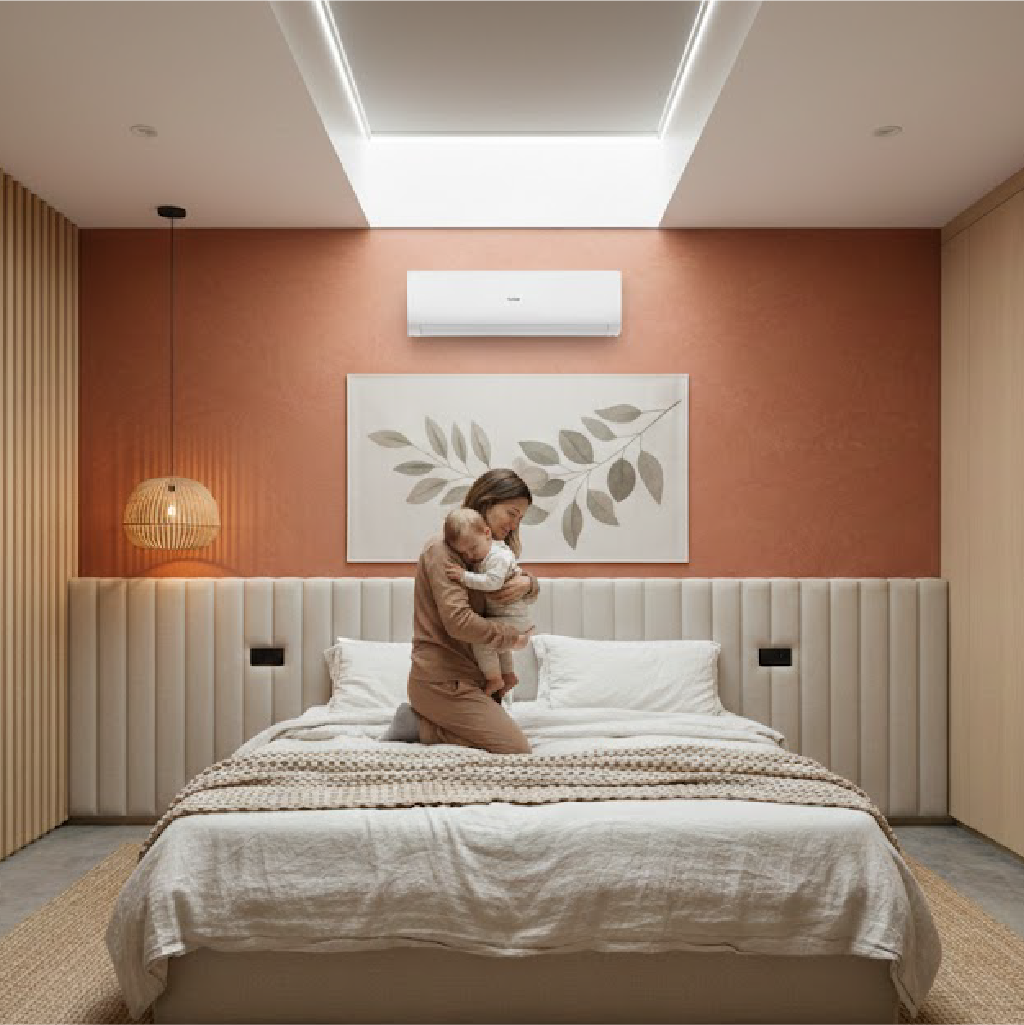 Contemporary master bedroom featuring wall-mounted air conditioner.