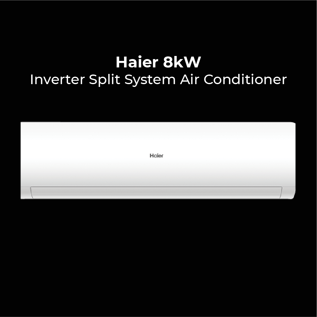Haier 8kW Inverter Split System Air Conditioner. A wide, white wall-mounted indoor unit centered on a black background with bold white text above.