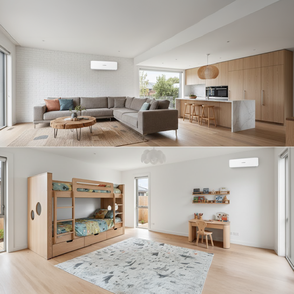 A collage showing an MHI Avanti Plus unit in a large open plan living area and a second unit in a bedroom with wooden bunk beds.