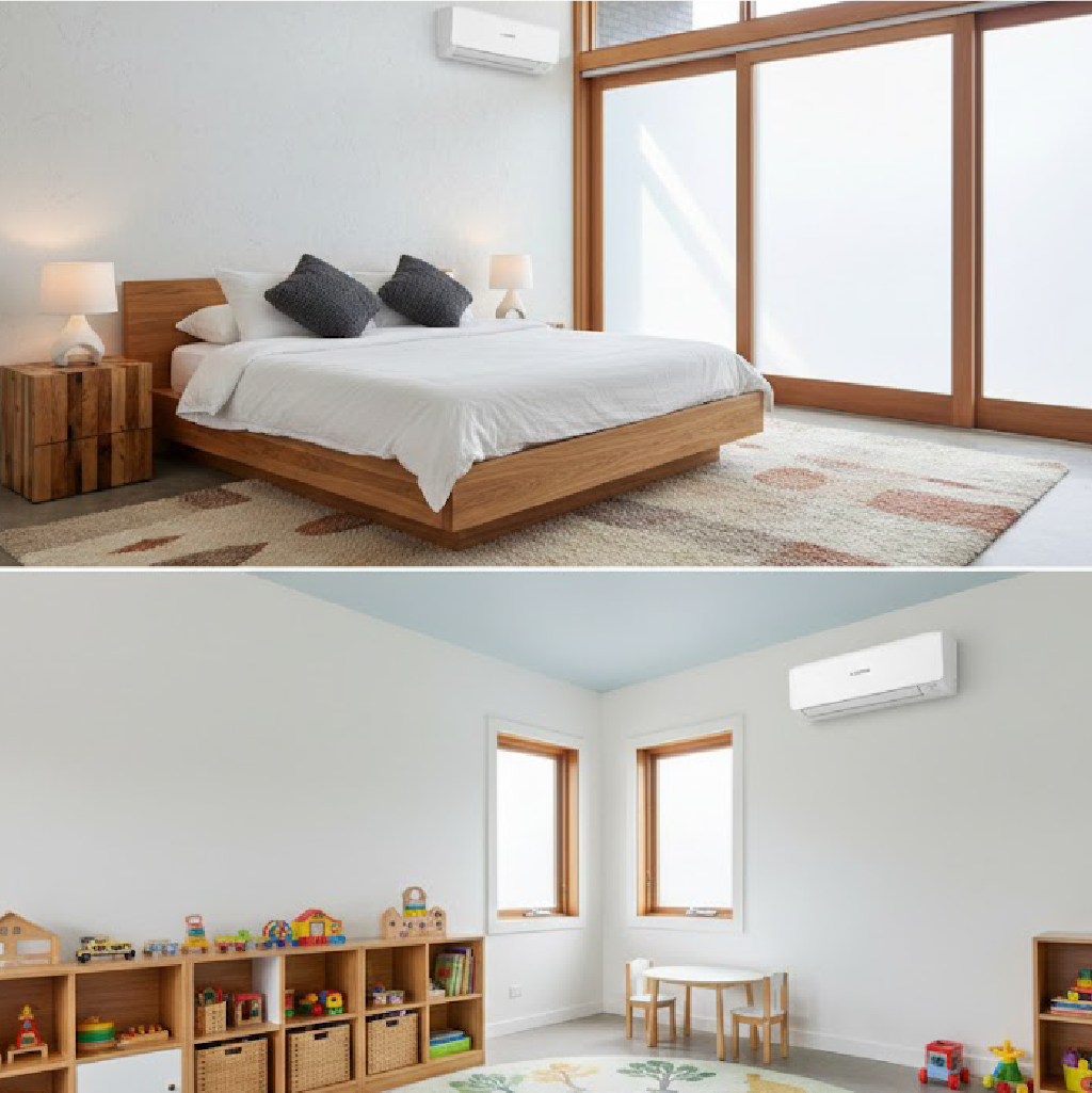 A collage of a bedroom and a playroom both featuring a white MHI Avanti Plus air conditioner mounted on the wall.