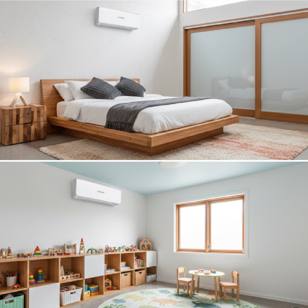 A collage showing a modern bedroom with a wooden bed and a bright playroom with toys, both featuring wall mounted air conditioners.