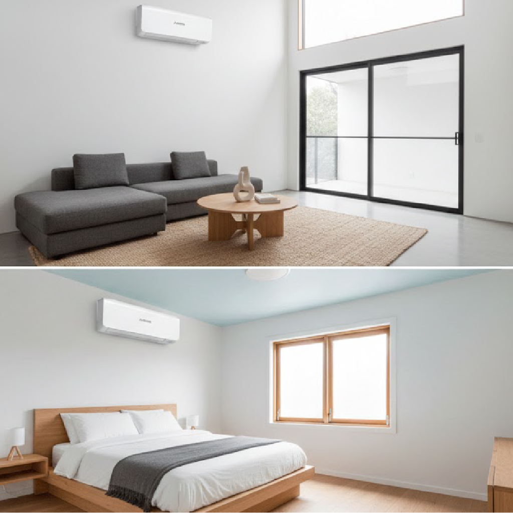 Modern living room and bedroom interiors featuring wall mounted Mitsubishi air conditioners.